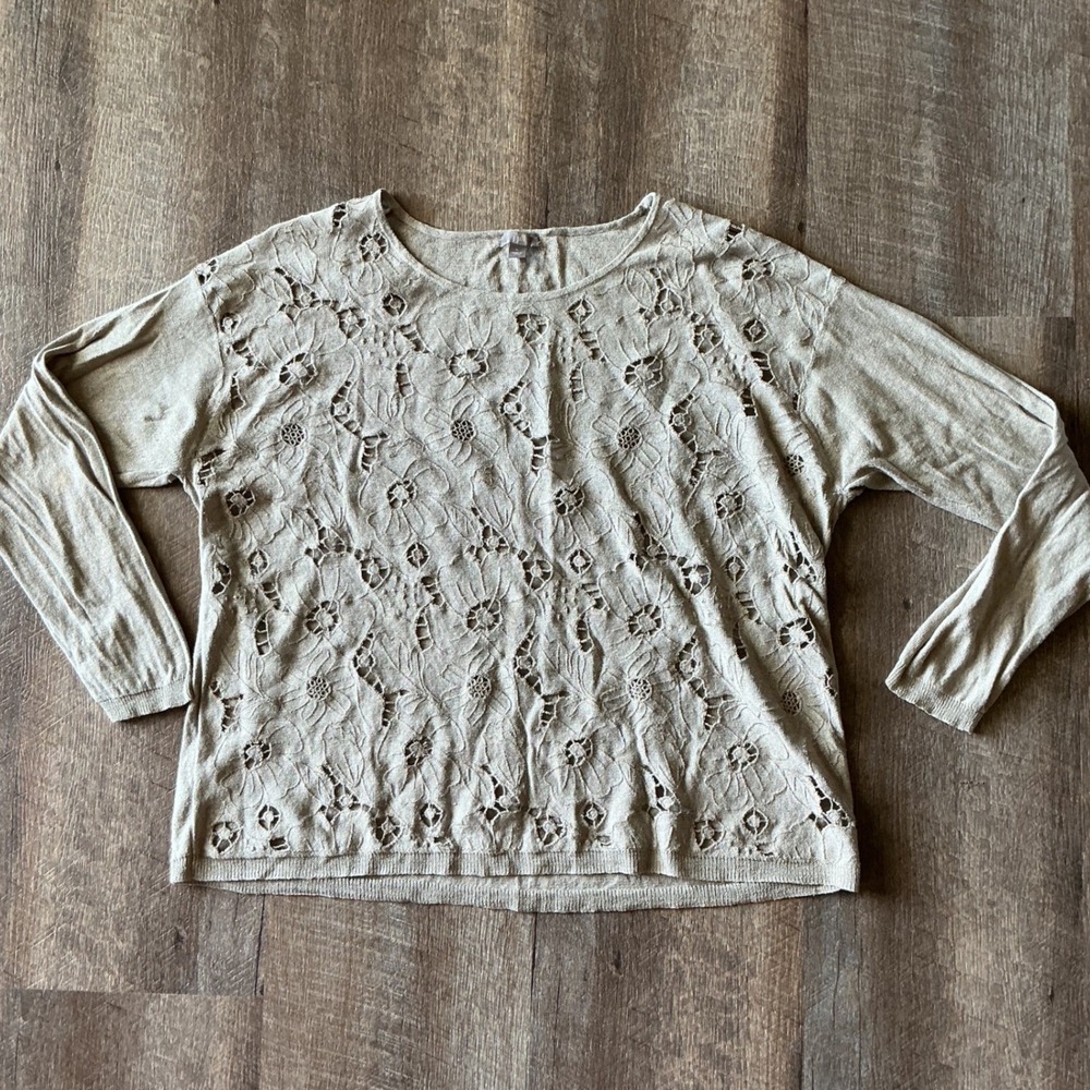 J. Jill Linen Blend Floral Eyelet Knit Sweater Beige Large